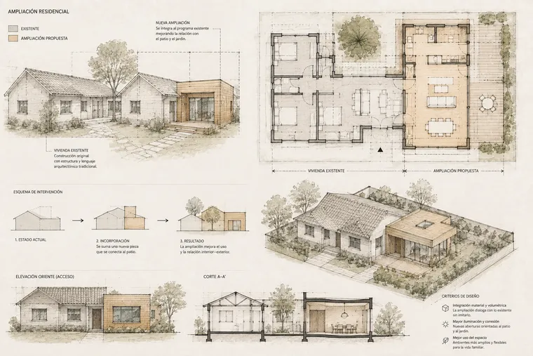 Lámina de arquitectura — Ampliación residencial